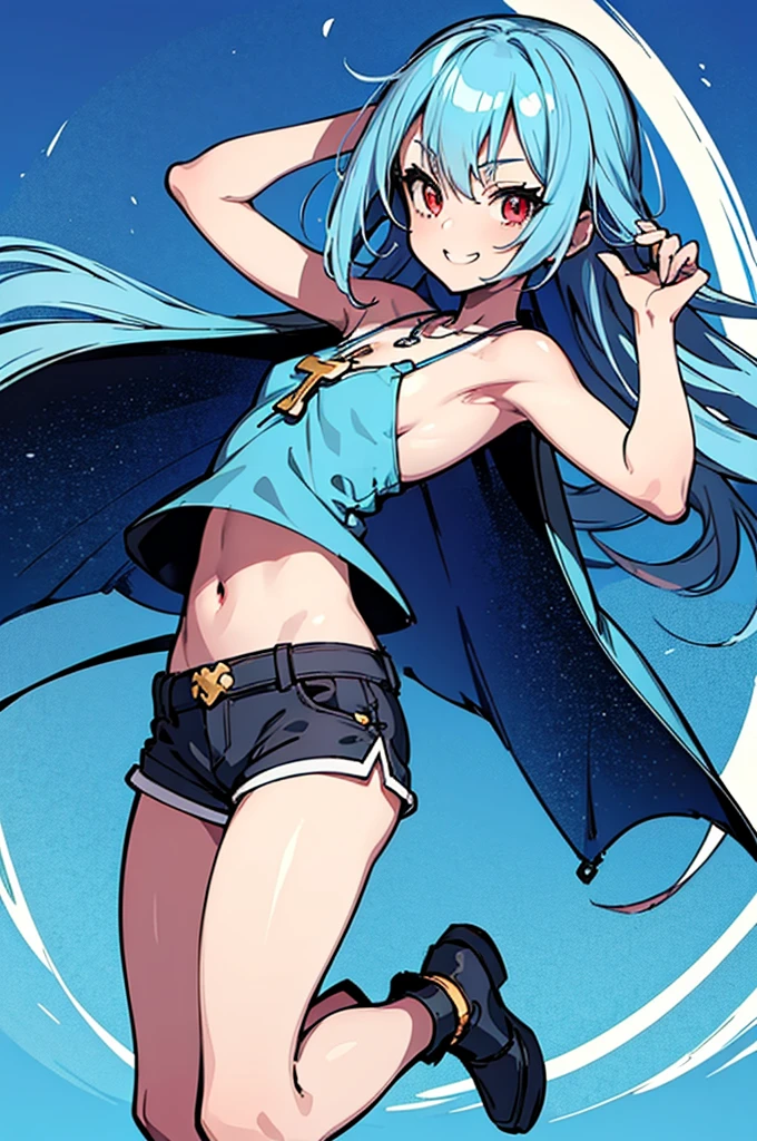 masterpiece, best quality, ultra detailed, a girl, grinning, jumping, looking at viewer, semi long, blue hair, with cross-shaped irises, red eyes, halter top, shorts, necklace, light blue background, flat background, kawaii, cute, anime