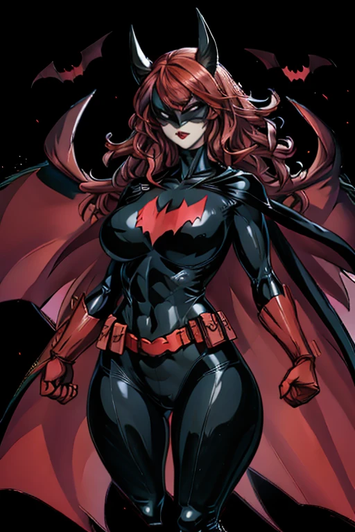 Batwoman,person, woman, red gloves, clothing, cape, gloves, lipstick, solo, mask, female, red cape, bodysuit, red footwear, superhero, anime, utility belt, black bodysuit, pouch, breasts, red hair, bat (animal), teeth, red belt, bat claw, long hair, pointed arm accessory, costume, makeup, full body, red arm acessory,8K, ultra detalhe