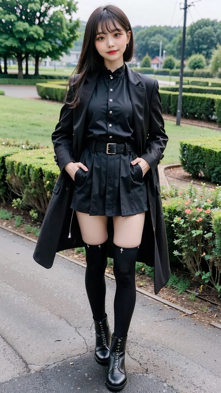 (8K、RAW Photos、Highest quality、masterpiece:1.2)、(Realistic、Realistic)、1 Girl、((Check mini skirt、Long coat、Medium Hair、black、Thin legs、whole body、boots、one piece、tights、garden、View from the front、smile、Looking into the camera、belt、Stand with hands on hips))、cute