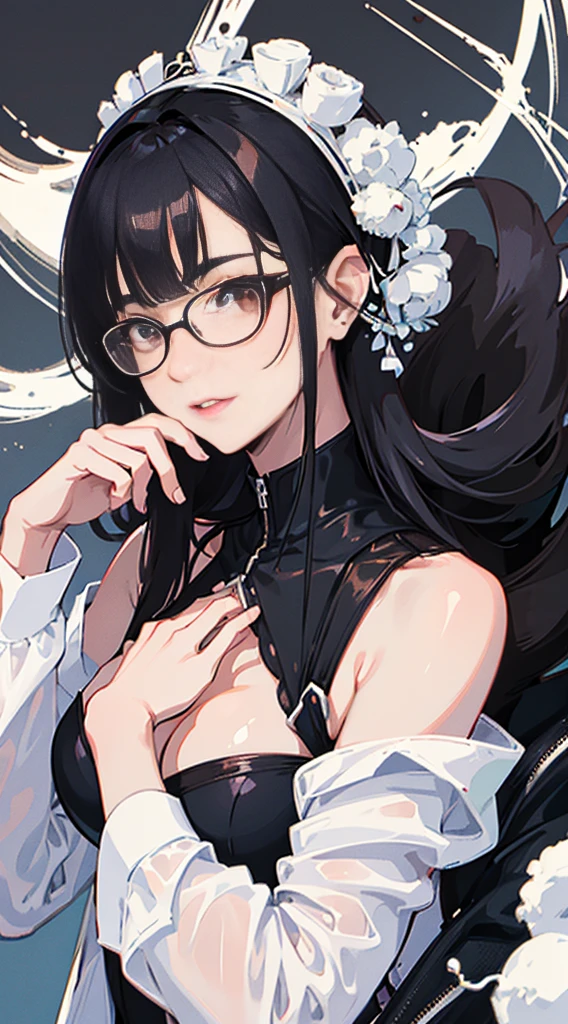 Top Quality, 8K, 4K, High Definition, Detail, (better-quality, 8K, 12), top-quality, 1 girl、only showing her face, she has Black hair, wearing a pin on her right side of her hair, she has her hands together, she looking at you, she is smiling at you, big breast, her jacket color black with a black, snow jacket, brown eyes, showing her face and chest, short hair long as her neck, (only showing half of her body) her jacket is loose. she is wearing earing only right ear shaped has a heart, she has her hand up making a pose, get closer to see up close of her face, she making a pose, she making pose her finger, she is wearing glasses, Japanese face, (long black hair)