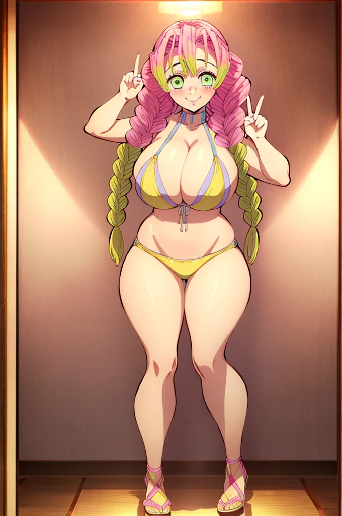 (masterpiece, best quality),  intricate details,
MitsuriKanroji, kanroji mitsuri, 1girl, solo, long hair, winking, green eyes, pink hair, green hair, twin braids, smile, cute smile, blushed smile, blush, blushing, large breast, huge breasts, bikini top, collarbone, neck, bare shoulders, yellow bikini top, cleavage, full body, long legs, cowboy shot, plain background, white background, photoshoot, perfect shot, perfect framing, full body shot, hands behind head, peace sign