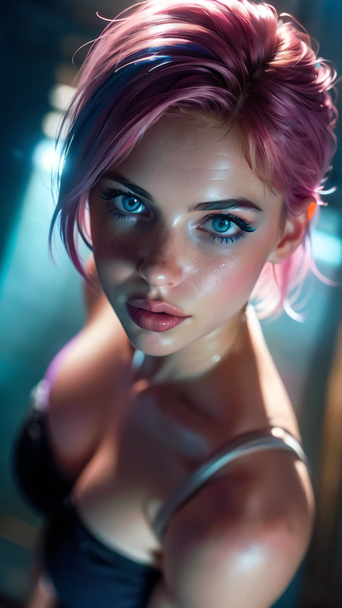 (((ultra realistic))) Photo, masterpiece, top quality, (pale skin), (Ultra detailed face and eyes:1.3), 1 girl, Adult, in a T-shirt, ((Eye makeup, mascara)), (large detailed lips), (( blue eyes)), ((short Pink hair )), ((Chyolka)) , (Natural breasts), Slim waist. ((Posing)), photoshoot, studio (soft lighting), (The play of light and shadows), depth of field, bokeh, (special attention to skin detail: 1.2), Detailed leather texture, skin pores. (Warm atmosphere of the frame. Color range - purple, Pink, blue tones), UDR, ((Film grain)), ((rays)), (Glare), ((Photo to the waist, view from above)) , ultra detialed,