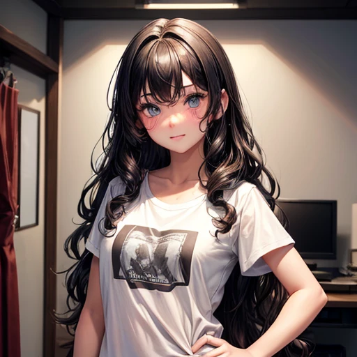 18 year old American girl, Video Gamer, Wearing a semi-transparent short T-shirt, Black Hair, ((blush: 0.8)), Natural skin texture, 4k Texture, Very detailed, Insane Details, pale colour , ((Long Wavy Hair)), ((smile: 0.4)), (No pants: 0.2), ((Look straight into the camera)), ((Tilt your head: 0.8 )), ((Small breasts:1)).