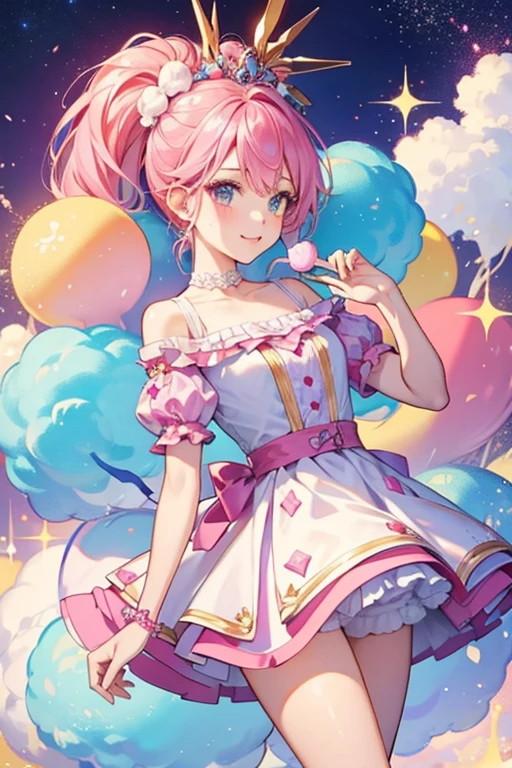 Her outfit is based on Fun Sweets cotton candy. SPARKLE; GLITTER