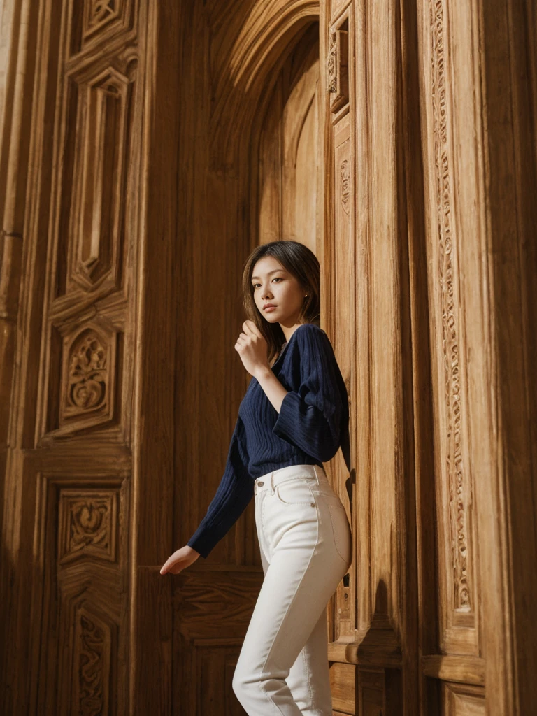 her name is Asako, high quality, 1girl, ((20-year-old fit Caucasian woman)), ((20 years old)), ((slim)), ((Wavy Bob)), pose: standing, wearing stylish fashionable Generation-Z modern wear bright colored, BACKGROUND: In the historic San Agustin Church, with its baroque interiors, carved wooden doors, and a museum showcasing religious artifacts