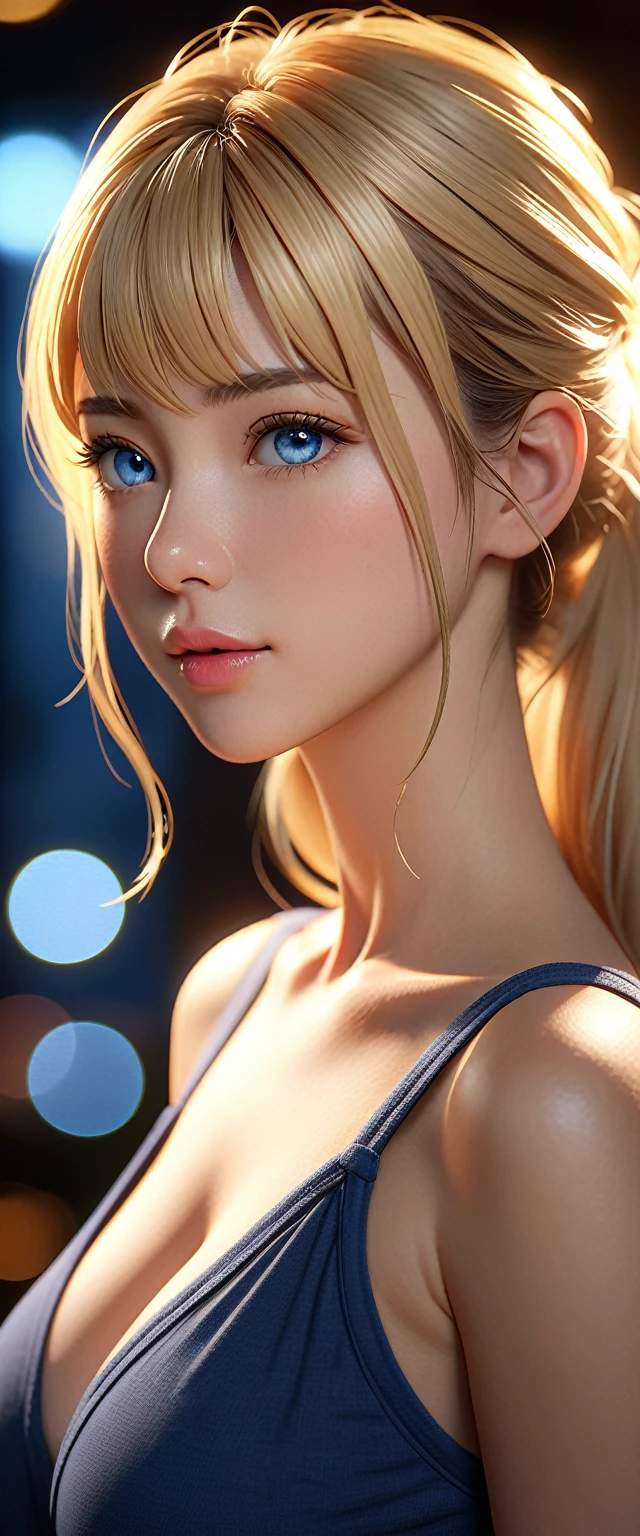 best quality, masterpiece, high resolution, portrait, Practical, blue eyes, blond, Large Breasts, 8k resolution, high qualityCG, Beautiful CG, Soft Light, Tyndall effect, lifelike, Two-color lighting, Side lighting, (HD Skin:1.2), 8K超高清, high quality, Volumetric Lighting, admit, photography, 超high resolution, 8K, Bokeh, Shallow depth of field