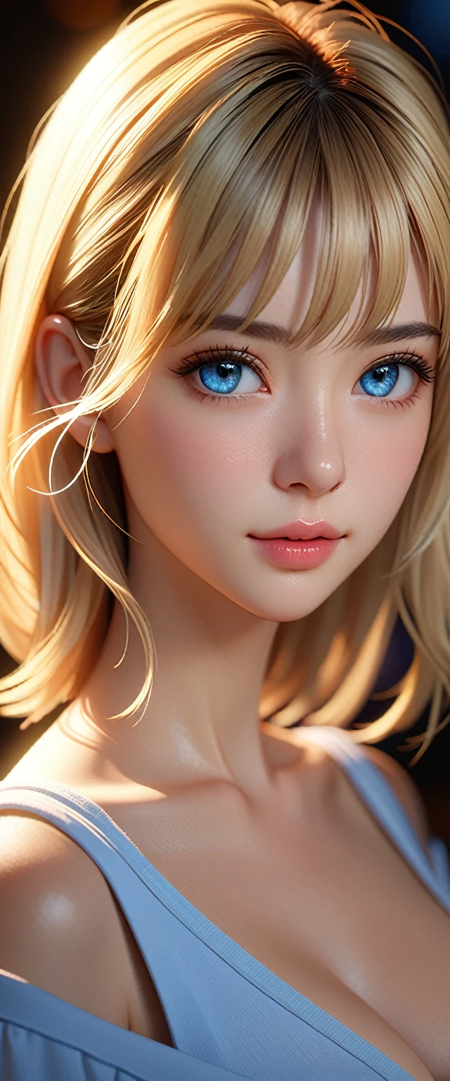 best quality, masterpiece, high resolution, portrait, Practical, blue eyes, blond, Large Breasts, 8k resolution, high qualityCG, Beautiful CG, Soft Light, Tyndall effect, lifelike, Two-color lighting, Side lighting, (HD Skin:1.2), 8K超高清, high quality, Volumetric Lighting, admit, photography, 超high resolution, 8K, Bokeh, Shallow depth of field