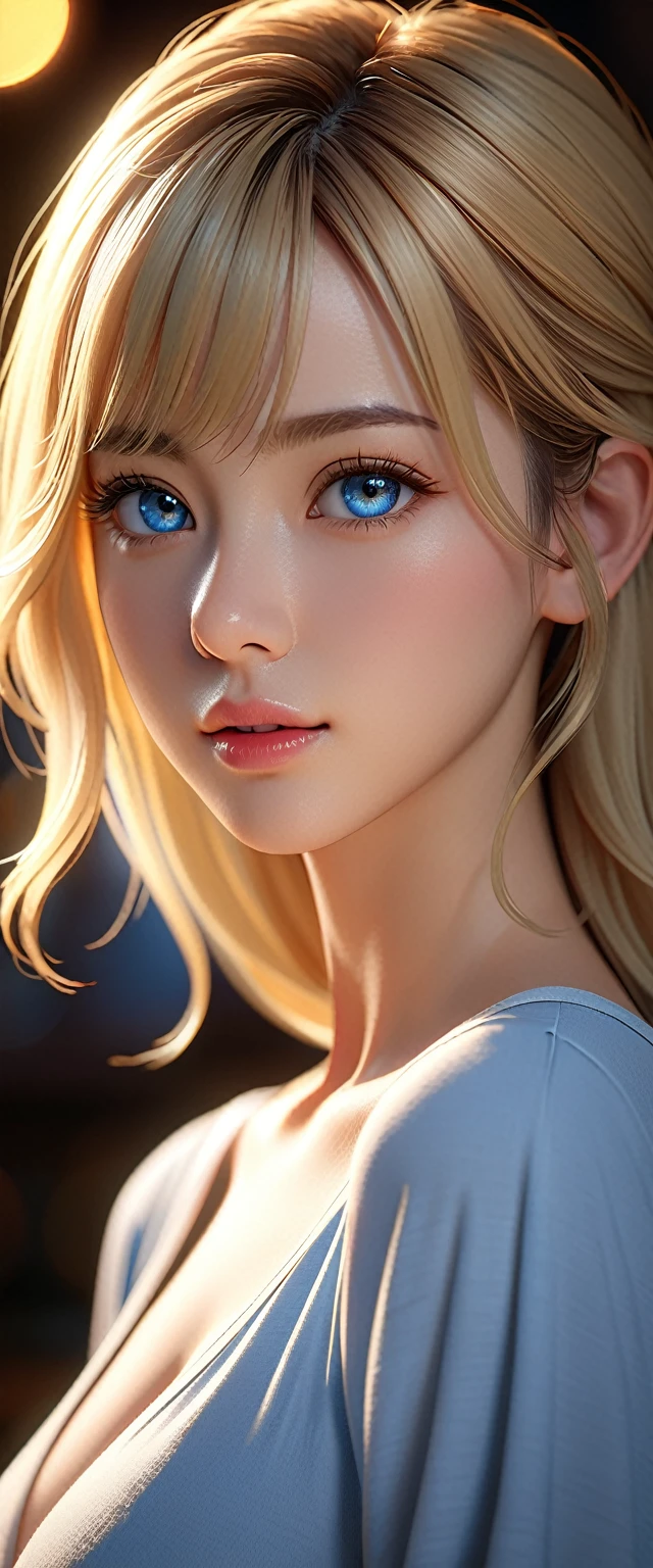 best quality, masterpiece, high resolution, portrait, Practical, blue eyes, blond, Large Breasts, 8k resolution, high qualityCG, Beautiful CG, Soft Light, Tyndall effect, lifelike, Two-color lighting, Side lighting, (HD Skin:1.2), 8K超高清, high quality, Volumetric Lighting, admit, photography, 超high resolution, 8K, Bokeh, Shallow depth of field