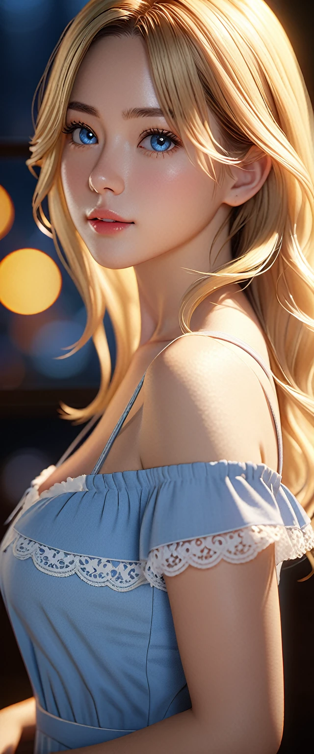 best quality, masterpiece, high resolution, portrait, Practical, blue eyes, blond, Large Breasts, 8k resolution, high qualityCG, Beautiful CG, Soft Light, Tyndall effect, lifelike, Two-color lighting, Side lighting, (HD Skin:1.2), 8K超高清, high quality, Volumetric Lighting, admit, photography, 超high resolution, 8K, Bokeh, Shallow depth of field