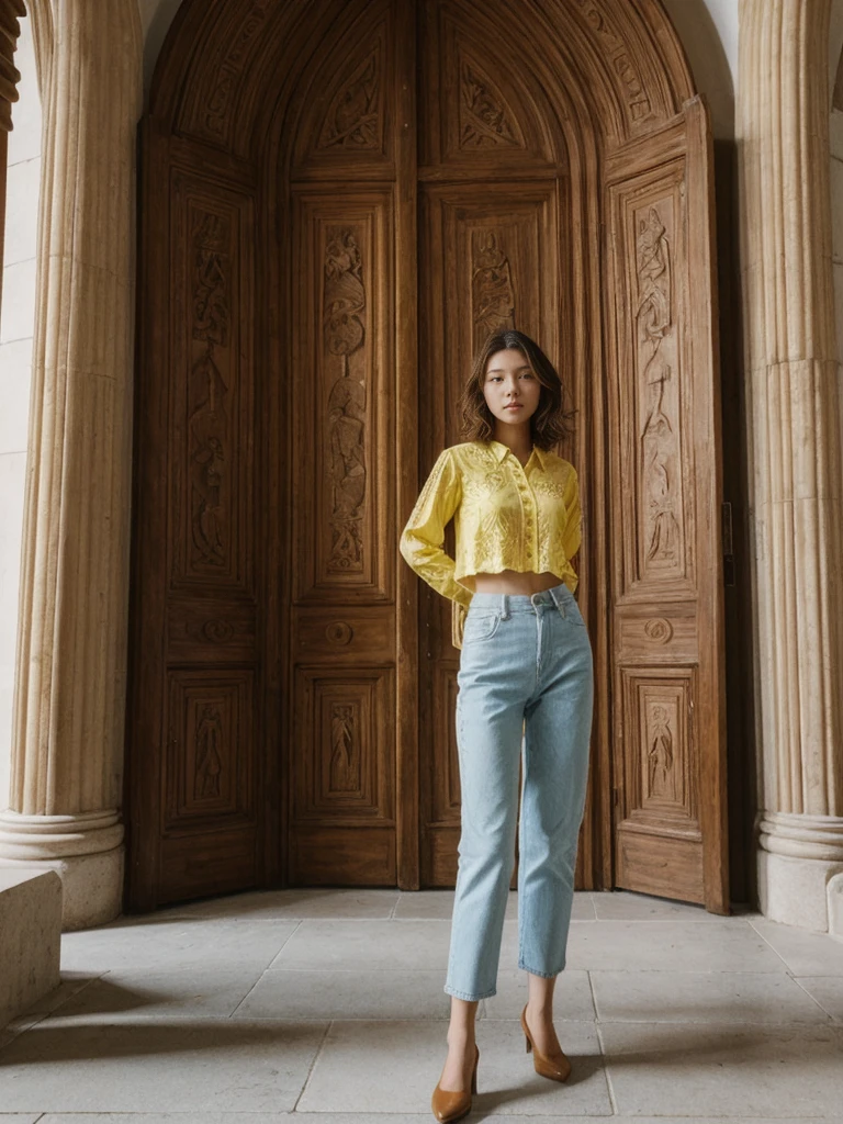 her name is Asako, high quality, 1girl, ((20-year-old fit Caucasian woman)), ((20 years old)), ((slim)), ((Wavy Bob)), pose: standing, wearing stylish fashionable Generation-Z modern wear bright colored, BACKGROUND: In the historic San Agustin Church, with its baroque interiors, carved wooden doors, and a museum showcasing religious artifacts