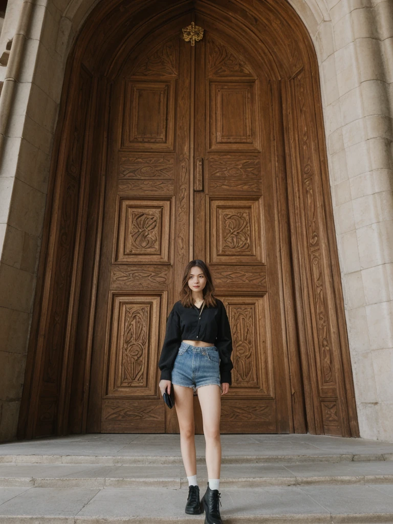 her name is Asako, high quality, 1girl, ((20-year-old fit Caucasian woman)), ((20 years old)), ((slim)), ((Wavy Bob)), pose: standing, wearing stylish fashionable Generation-Z modern wear bright colored, BACKGROUND: In the historic San Agustin Church, with its baroque interiors, carved wooden doors, and a museum showcasing religious artifacts