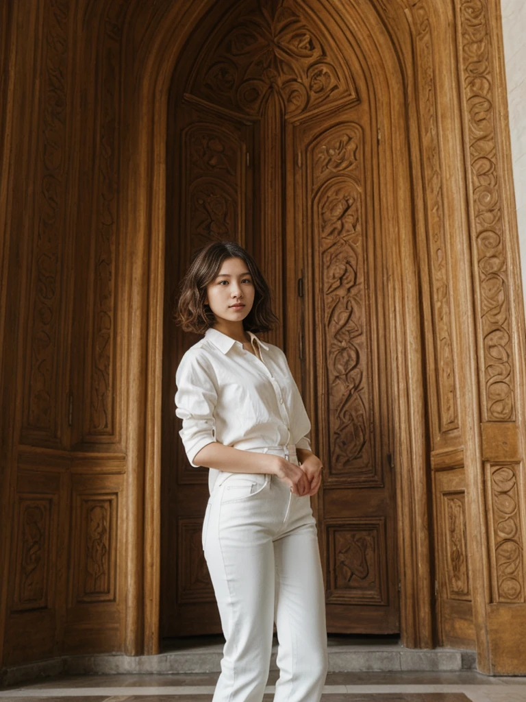 her name is Asako, high quality, 1girl, ((20-year-old fit Caucasian woman)), ((20 years old)), ((slim)), ((Wavy Bob)), pose: standing, wearing stylish fashionable Generation-Z modern wear bright colored, BACKGROUND: In the historic San Agustin Church, with its baroque interiors, carved wooden doors, and a museum showcasing religious artifacts