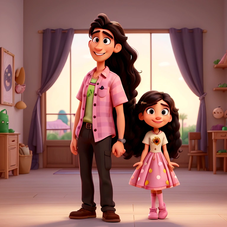 ((PivaArtes)) Create a high quality 2D Pixar Disney cartoon portrait of a man and a woman, a happy couple, the woman with long black hair and brown eyes, man with black hair and pink shirt, woman with shirt white strap with green embroidery details.