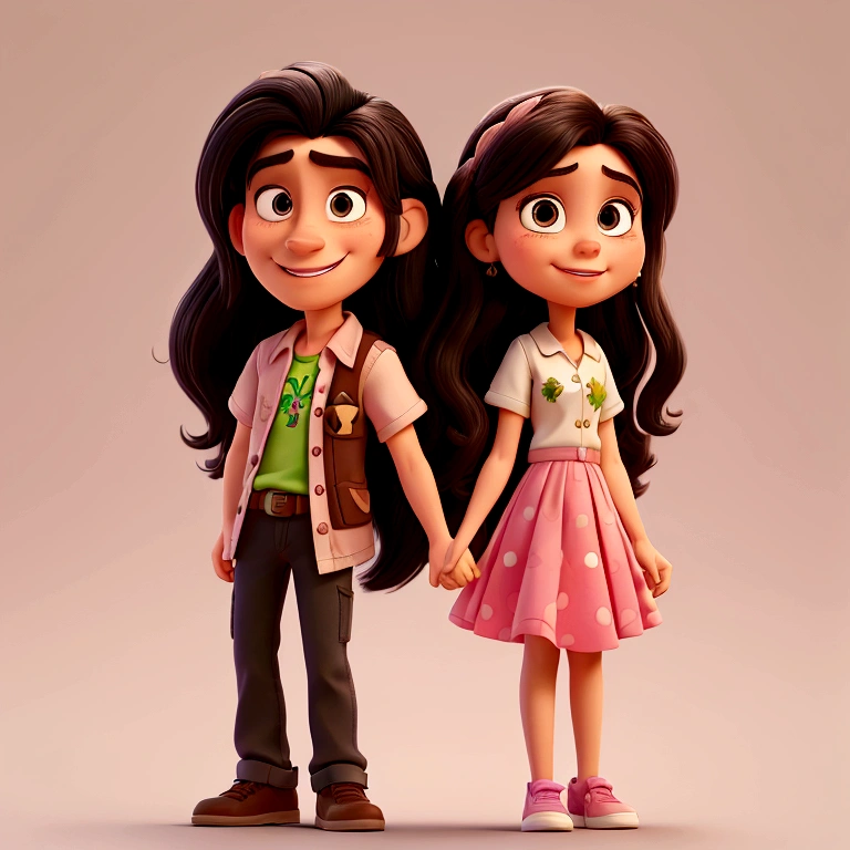 ((PivaArtes)) Create a high quality 2D Pixar Disney cartoon portrait of a man and a woman, a happy couple, the woman with long black hair and brown eyes, man with black hair and pink shirt, woman with shirt white strap with green embroidery details.