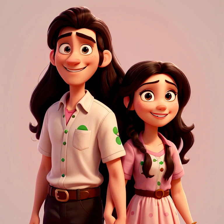((PivaArtes)) Create a high quality 2D Pixar Disney cartoon portrait of a man and a woman, a happy couple, the woman with long black hair and brown eyes, man with black hair and pink shirt, woman with shirt white strap with green embroidery details.