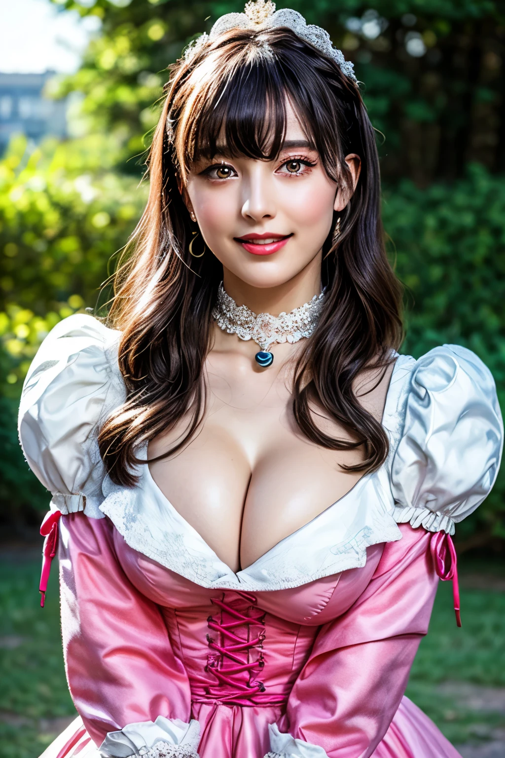 (nsfw:-2.0), (realistic, photo-realistic:1.4), (best quality,masterpiece:1.2), RAW photo, high resolution, intricate details, extremely detailed, realistic and sharp details, cinematic lighting, (portrait, frontal photography), solo, 1girl, (doll-like appearance), (sexy Paradise Kiss cosplay), (large breasts, cleavage), dark hair, detailed face, detailed eyes, smile, (neon pink clothes), bell-shaped skirt, petticoats, high neckline, puffed sleeves, detailed lace, detailed embroidery, Paradise Kiss accessories and matching headpiece, choker, large sparkling Paradise Kiss jewelry,  shiny victorian-style boots, photo background, outdoors, city ruins, ruins, concrete, nature, overgrown, 