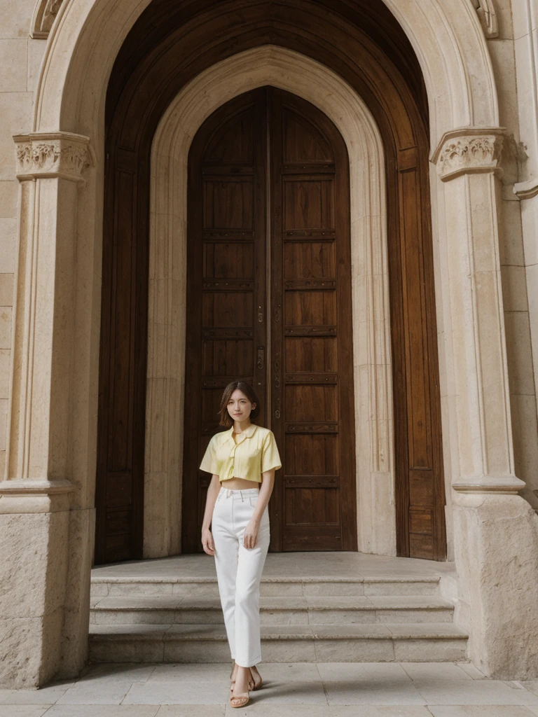 her name is Asako, high quality, 1girl, ((20-year-old fit Caucasian woman)), ((20 years old)), ((slim)), ((Wavy Bob)), pose: standing, wearing stylish fashionable Generation-Z modern wear bright colored, BACKGROUND: In the historic San Agustin Church, with its baroque interiors, carved wooden doors, and a museum showcasing religious artifacts