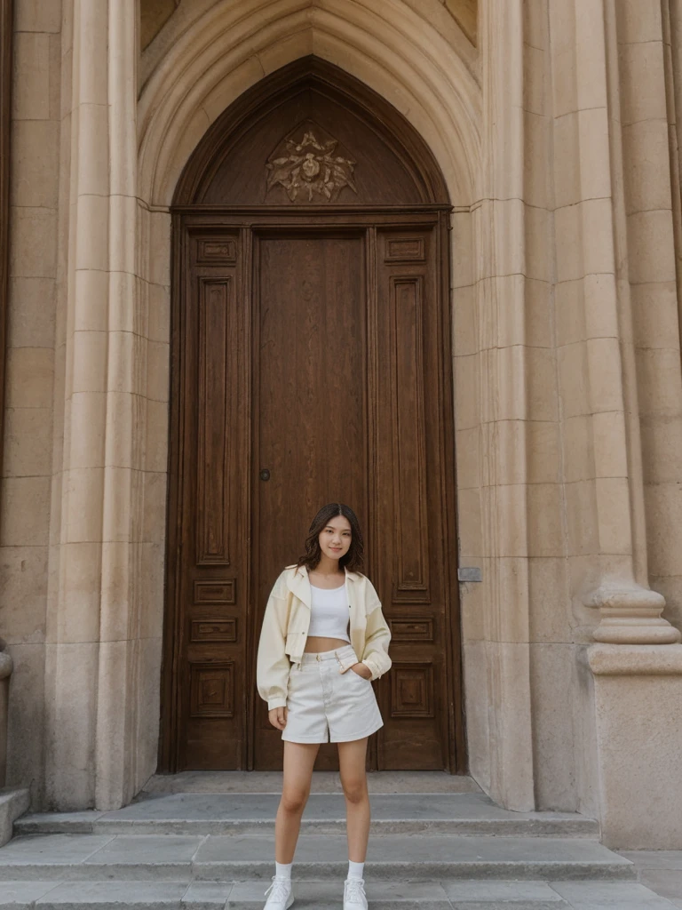 her name is Asako, high quality, 1girl, ((20-year-old fit Caucasian woman)), ((20 years old)), ((slim)), ((Wavy Bob)), pose: standing, wearing stylish fashionable Generation-Z modern wear bright colored, BACKGROUND: In the historic San Agustin Church, with its baroque interiors, carved wooden doors, and a museum showcasing religious artifacts