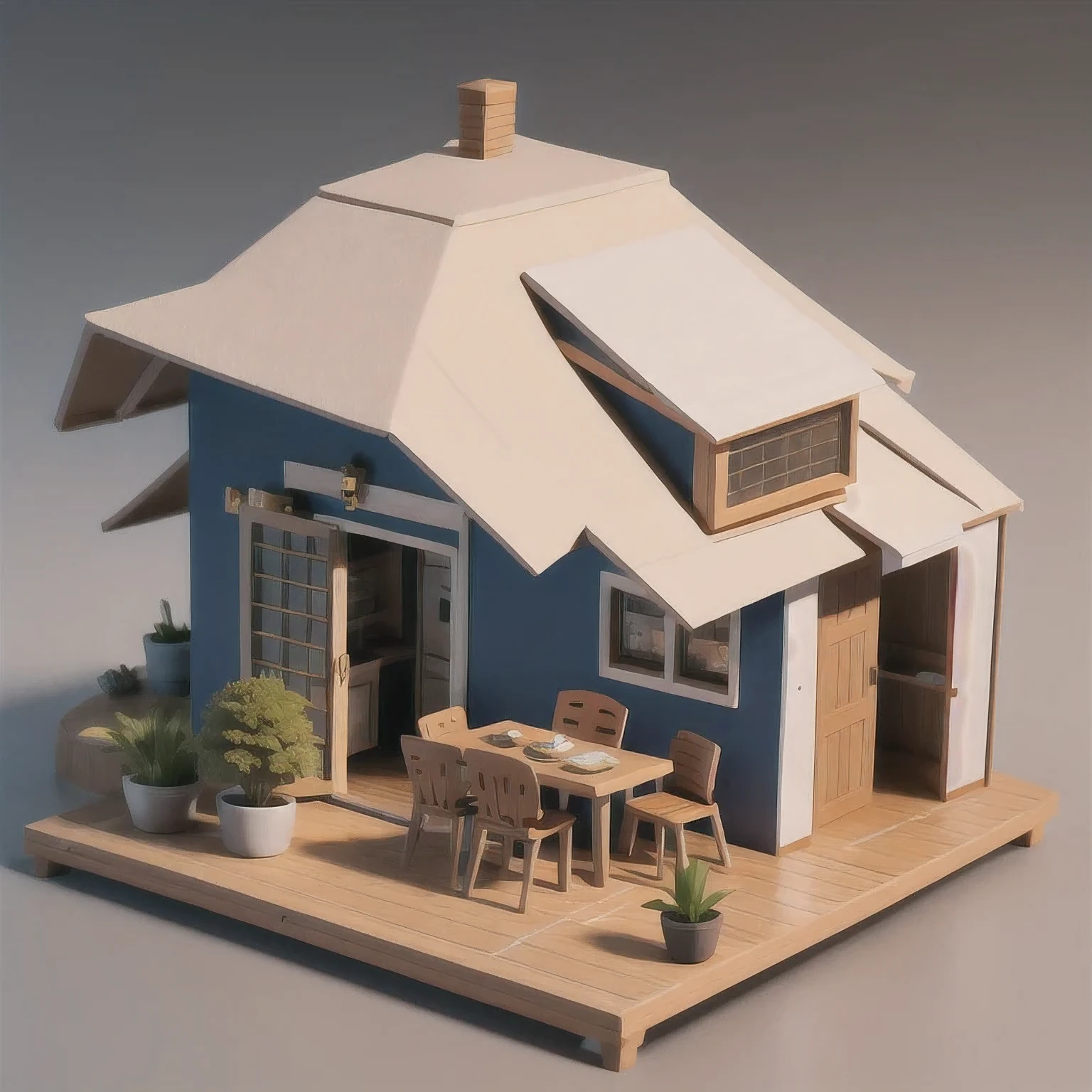 there is a sitting at a table in a miniature house, stylized 3d render, 3 d clay render, 3d clay render, daily render, stylized as a 3d render, 3 d illustration, 3d illustration, low poly render, a low poly render, clay render, 3d low poly render, 3 d low poly render