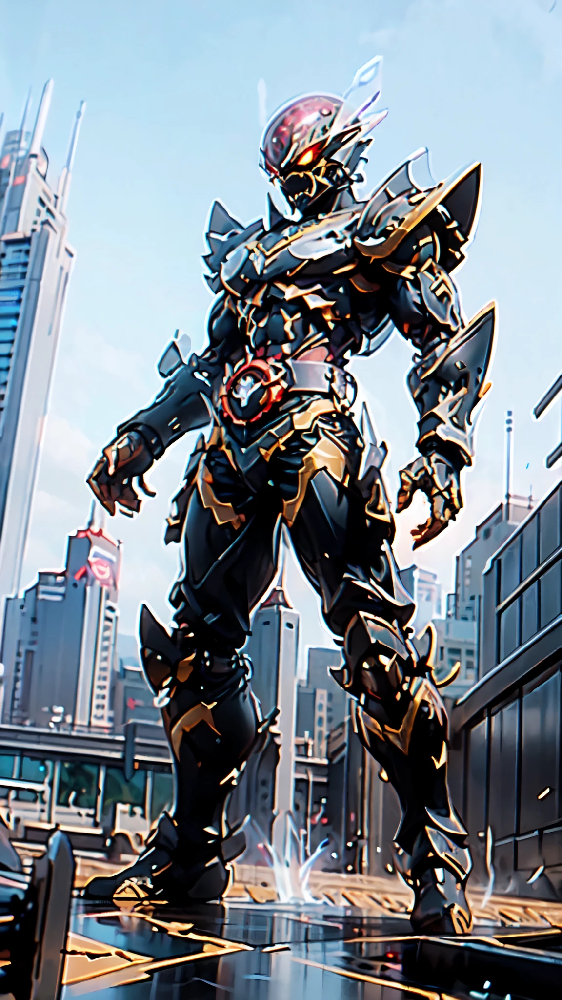 (masterpiece:1.5, best quality:1.5, extremely delicate:1.5, perspective:1.5, foreshortening:1.5, dynamic angle:1.5), a man wearing a full-face helmet, a fantasy-style biotech armored combat suit, green eyes, (a composite layered chest armor), fully enclosed shoulder guards, matching arm and leg guards, the belt is adorned with fangs biting into orbs, (the color scheme is primarily black with red accents), the design balances heavy with agility, a high-tech bio-mecha armor, (Armor Concept Inspired by Bat, stand on the top of a skyscraper in a futuristic sci-fi city), this character embodies a finely crafted fantasy-surreal style armored hero in anime style, exquisite and mature manga art style, (element, plasma, energy, the armor glows), ((male:1.5)), metallic, high definition, highres, ultra-detailed, ultra-fine painting, professional, perfect body proportions, golden ratio, anatomically correct, symmetrical face, extremely detailed eyes and face, high quality eyes, creativity, RAW photo, UHD, 32k, Natural light, cinematic lighting, masterpiece-anatomy-perfect