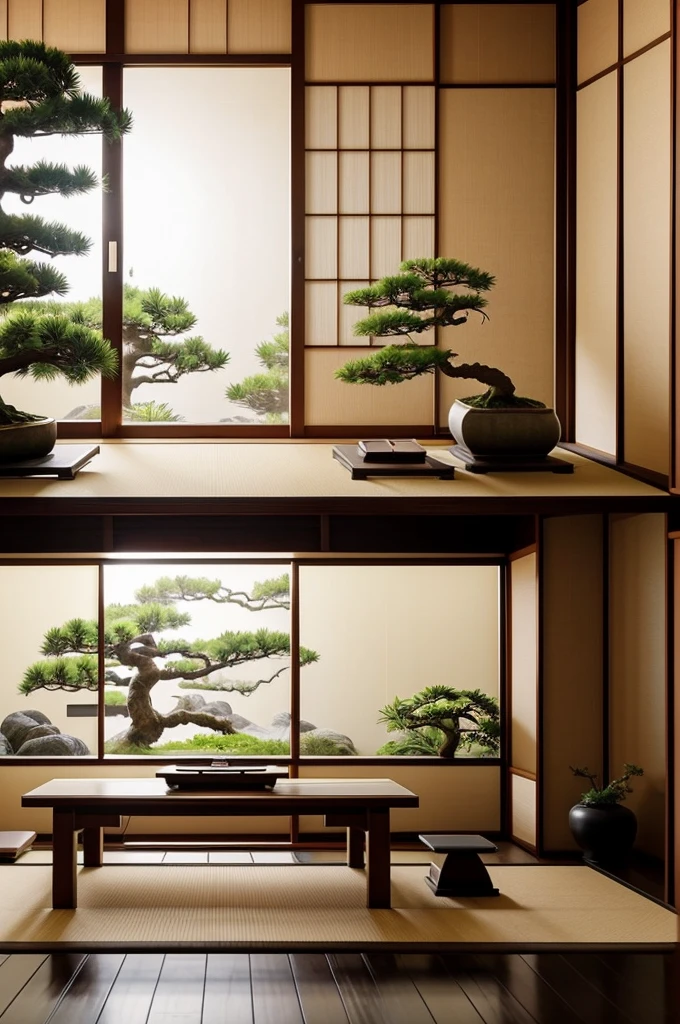 Zen Den for Focused Work: A calming space with a tatami mat floor and a built-in Japanese-style desk. A bonsai tree sits beside a calligraphy set, and a shoji screen adds a touch of privacy. Natural light filters through the window, creating a serene atmosphere.