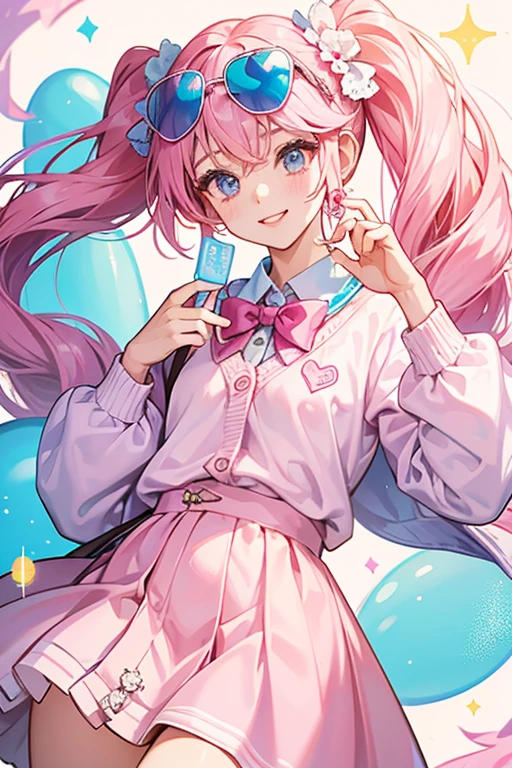 She is based off of Jelly Belly candies, specifically a cotton candy flavored one. She is holding a little cotton candy. She has a pink transparent cardigan that says Jelly Belly in small letters. Her sunglasses are shaped like Jelly Bellies. Her skirt has small bows. SPARKLE; GLITTER
