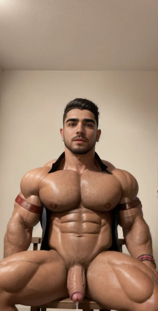 (masterpiece, intricately detailed, highest resolution, best quality:1.2), (doujin), a cocky Latino Instagram influencer,a 24 y.o muscle stud with a muscular physique sitting on a chair with black eyes,dark-skinned male, wearing a ((open jacket, chav, armbands)), (excessive cum), (cum on body), (cum drip), flaccid penis,saggy balls,hairy chest,vascular,muscle striations,soft light,fantastic realism,