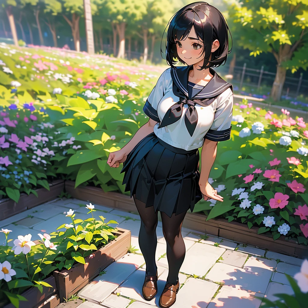 (Highest quality, High resolution, Super detailed, Realistic:1.37), Peaceful atmosphere, (Outdoor, garden), age girl standing alone,(my breasts are big.),Beautifully detailed features, Cute Smile, ((Black bob hair)),Short-sleeved sailor uniform, Pleated skirt,Black tights,Brown leather shoes.