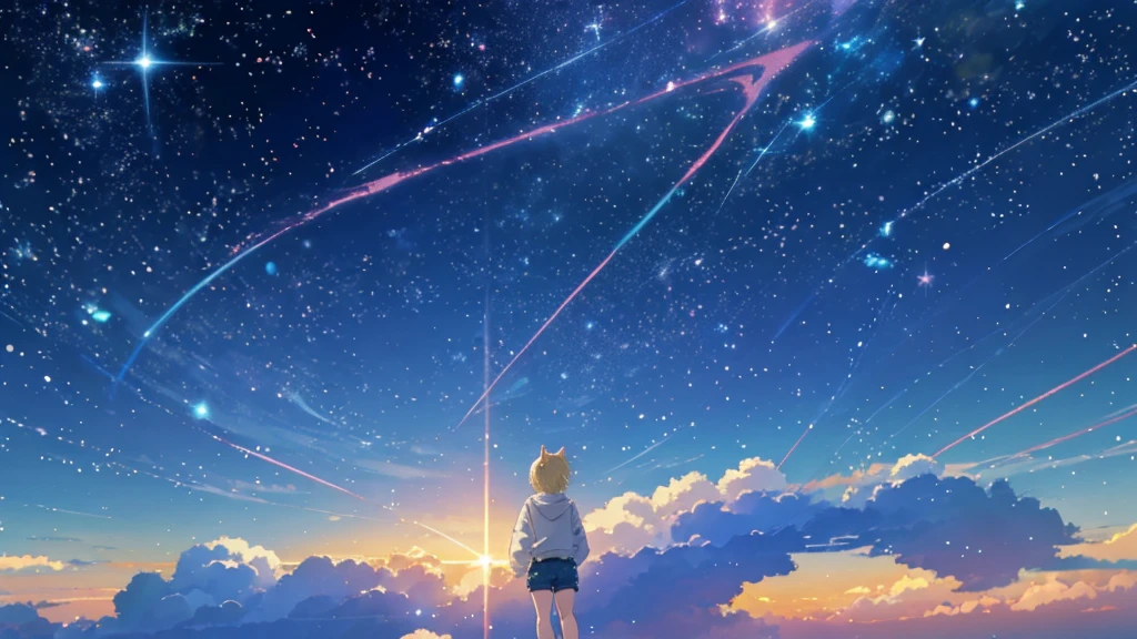 Beautiful sky anime scene with stars and planets, Space Sky. by Makoto Shinkai, anime art wallpaper 4k, anime art wallpaper 4k, Anime Art Wallpapers 8K, anime wallpaper 4k, anime wallpaper 4k, 4k anime wallpaper, Anime Sky, Awesome Wallpapers, Anime Background, Heavenly planets in the background, Anime Background art no humans landscape、Blonde、Shortcuts、Pink hoodie、Denim shorts、Black sneakers、Cat ear