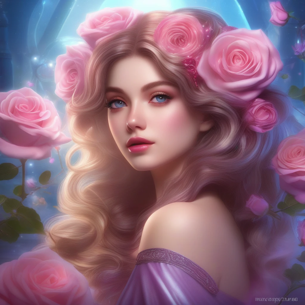 (This is a beautiful, soft, ethereal, and (romantic) fantasy image with a persistent pink aura, fairytale fantasy elements, and a lovely color palette.) Generate a beautiful fairy woman with beautiful puffy lips and beautiful detailed eyes. Her glossy curled hair is realistically detailed and her (ringed eyes) are interesting and colorful. Surround her with eternal roses in shimmering shades of pink and purple. Ensure perfection in her face, hair, and eyes. Include luminous flowers and detailed roses. Utilize dynamic composition and dramatic lighting and cinematic lighting to create an interesting fantasy image. The background of the image is interesting and ultra-detailed, with soft fantasy lighting and gradients. English rose, princess, sweet, lovely, shimmering, glimmering, glittering, astrological fantasy, (((masterpiece))), (highest quality), beautiful eyes, perfect puffy lips, jewel tones, luminosity. 8k, Unreal Engine 5, octane render, trending on pixiv, fanbox, skeb, masterpiece, detailed face, smooth soft skin, big dreamy eyes, beautiful intricate colored hair, anime wide eyes, soft lighting, concept art, digital painting,