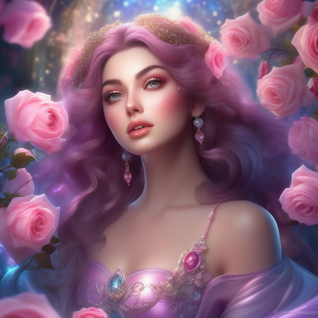 (This is a beautiful, soft, ethereal, and (romantic) fantasy image with a persistent pink aura, fairytale fantasy elements, and a lovely color palette.) Generate a beautiful fairy woman with beautiful puffy lips and beautiful detailed eyes. Her glossy curled hair is realistically detailed and her (ringed eyes) are interesting and colorful. Surround her with eternal roses in shimmering shades of pink and purple. Ensure perfection in her face, hair, and eyes. Include luminous flowers and detailed roses. Utilize dynamic composition and dramatic lighting and cinematic lighting to create an interesting fantasy image. The background of the image is interesting and ultra-detailed, with soft fantasy lighting and gradients. English rose, princess, sweet, lovely, shimmering, glimmering, glittering, astrological fantasy, (((masterpiece))), (highest quality), beautiful eyes, perfect puffy lips, jewel tones, luminosity. 8k, Unreal Engine 5, octane render, trending on pixiv, fanbox, skeb, masterpiece, detailed face, smooth soft skin, big dreamy eyes, beautiful intricate colored hair, anime wide eyes, soft lighting, concept art, digital painting,