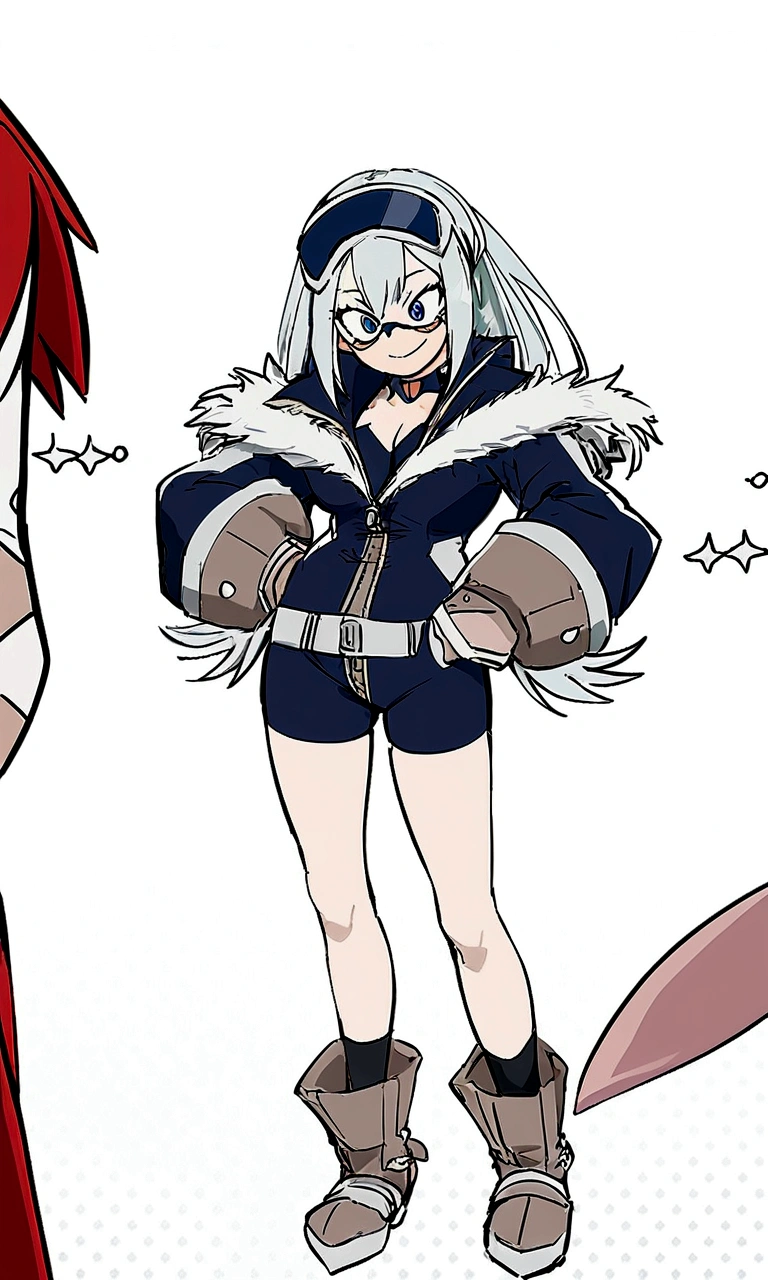 Screenshot of my hero academia. GIRL WITH LONG RED HAIR, dark blue eyes and a cheerful expression. He is wearing a hero suit. the girl is thin.