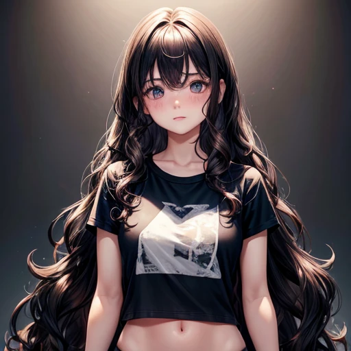 18 year old American girl, Video Gamer, Wearing a semi-transparent short T-shirt, Black Hair, ((blush: 0.8)), Natural skin texture, 4k Texture, Very detailed, Insane Details, pale colour , ((Long Wavy Hair)), ((smile: 0.4)), (No pants: 0.2), ((Look straight into the camera)), ((Tilt your head: 0.8 )), ((Small breasts:1)).  