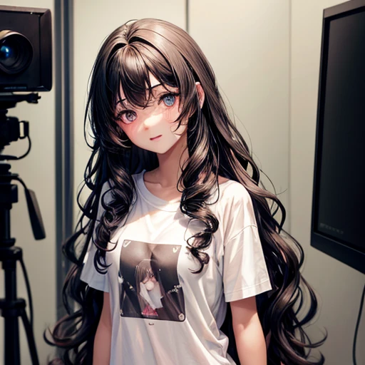 18 year old American girl, Video Gamer, Wearing a semi-transparent short T-shirt, Black Hair, ((blush: 0.8)), Natural skin texture, 4k Texture, Very detailed, Insane Details, pale colour , ((Long Wavy Hair)), ((smile: 0.4)), (No pants: 0.2), ((Look straight into the camera)), ((Tilt your head: 0.8 )), ((Small breasts:1)).