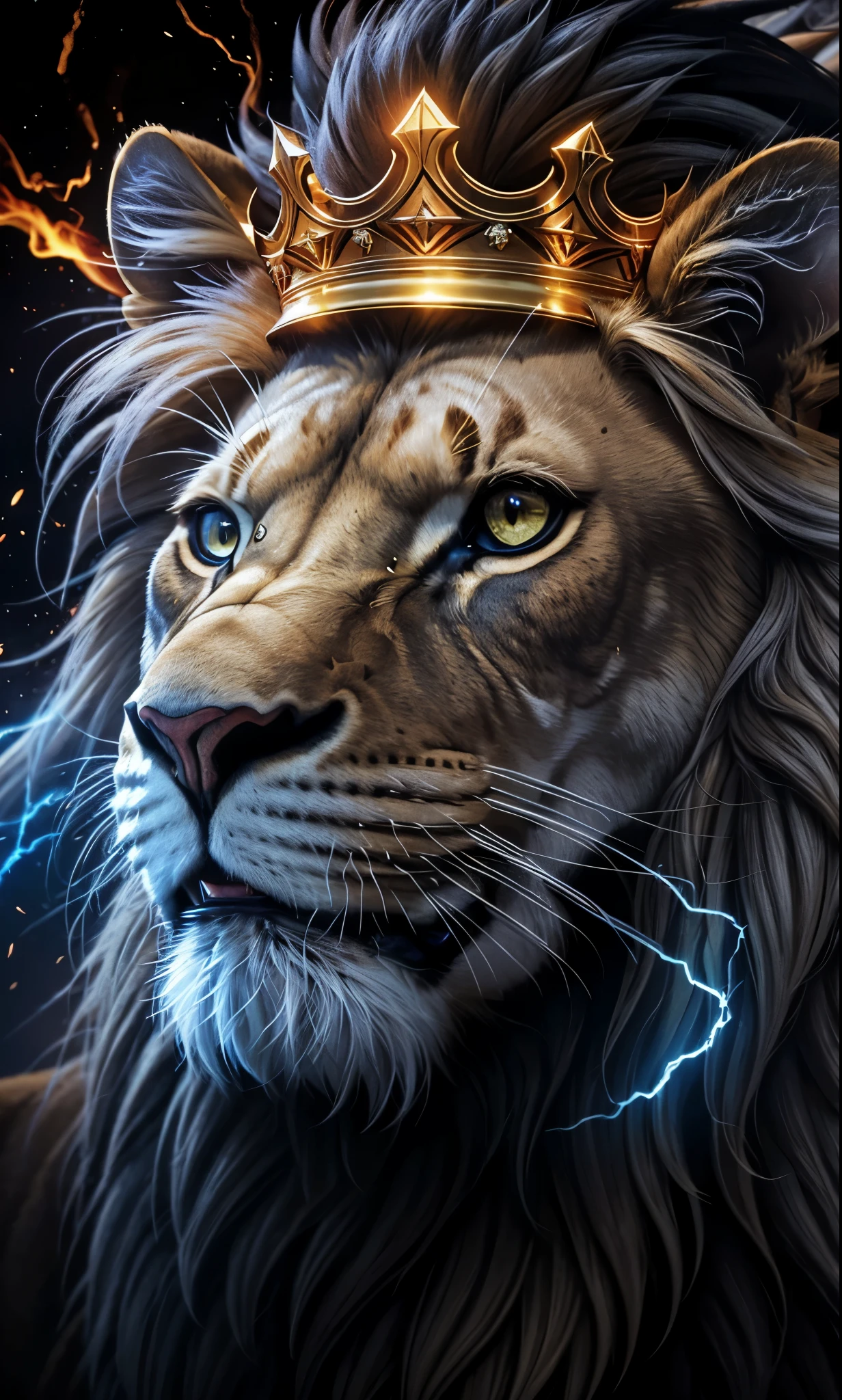 Lion, Divine Lion, naturals, naturals, ferocious, masculine, mighty, golden lion, King crown, King, golden crown, Realistic crown, Powerful Lion, Beautiful nature, Great Realistic Lion, FullHD 8K, Sky ligh, Sunset Night, Ligh Sky Sun, Balck Golden, black andwhite, black and gold, detailed realistic face, 8K Detailed Realistic White Lion, Ultrarealistic 8k |, Energia de thunder realista detalhada, Strong Creature realista detalhada, Strong Creature, Lion macho, Rendering, Fotorrealista 8K, UltraHD Alta definição 8K, Detailed Realistic 16K, Nitidez Fotorrealista 8K, 16K photorealistic textures, Contraste Fotorrealista 8K, Sombras Fotorrealistas 8K, Luzes Fotorrealistas 8K, Detailed realistic sunset, Detailed Realistic Lion Face, Detailed realistic light, detailed textures, thunder, detailed shadows, detailed colors, Celestial Electricity, Golden thunder, Lion realista, Ultra Realistic 16K, Realistic 16K, Realistic 16K sharpness, 16K photorealistic textures, 16K realistic colors, powerful creature, Majestic power, Power of Heaven, Great Divine, detailed contrast, realistic contrast, high resolution, detailed colors, fire, villany, divine creature, 8K, realistic detailed, 16K, 8K, High definition, detailed contrast, realistic contrast, high resolution, detailed colors, fire, villany, divine creature, realistic detailed, posh, chic