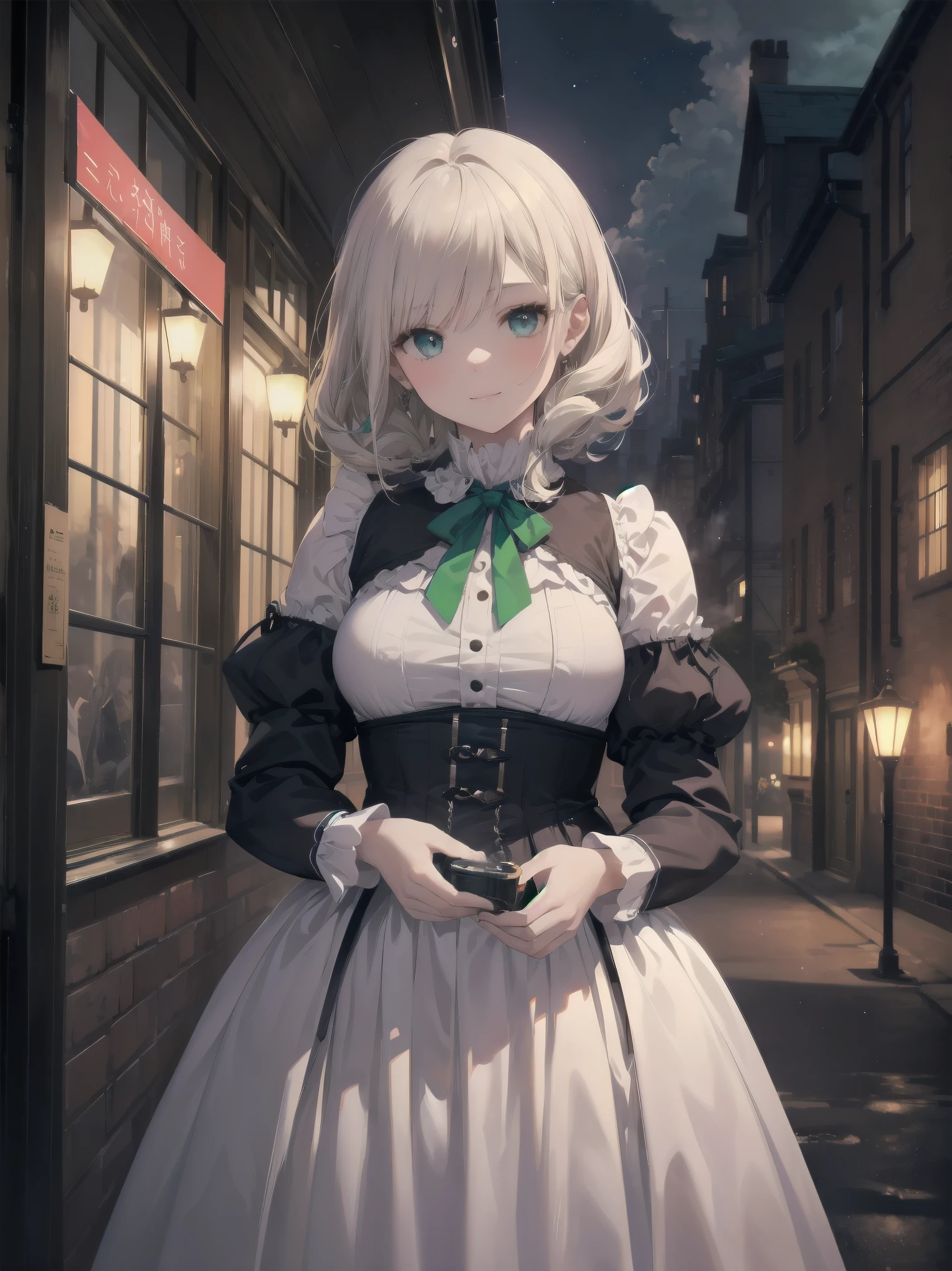 (Highest quality、16K、masterpiece、Ultra-high resolution、Victorian era、Photorealistic:1.2)、A delicate Lolita girl, aged 13, stands on a castle balcony at dusk, surrounded by the city's skyline and steampunk contraptions. Her platinum hair is messy, framing her androgynous charm. She wears a flowing white dress with a light green tie and holds a pocket watch in hand. A subtle smile plays on her lips as she gazes out at the night view, her eyes shining like sapphires. The air is filled with steam spewing from pipes, adding to the surreal atmosphere. Her skin glows with an ultra-dense texture, and her fingers are full and detailed.