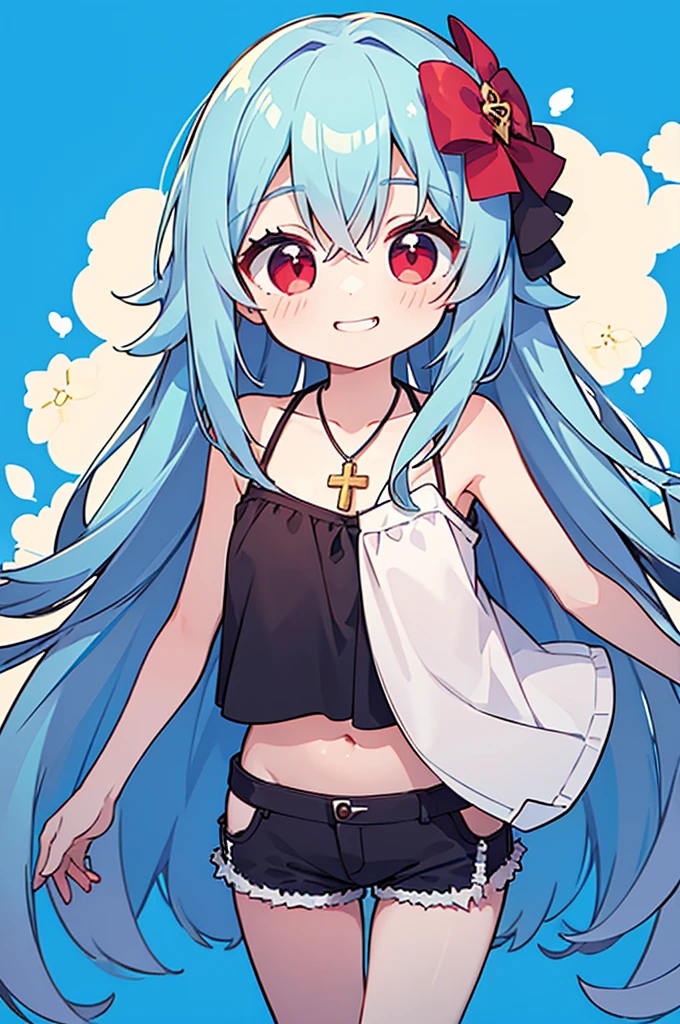 masterpiece, best quality, ultra detailed, a girl, grinning, jumping, looking at viewer, semi long, blue hair, with cross-shaped irises, red eyes, halter top, shorts, necklace, light blue background, flat background, kawaii, cute, anime