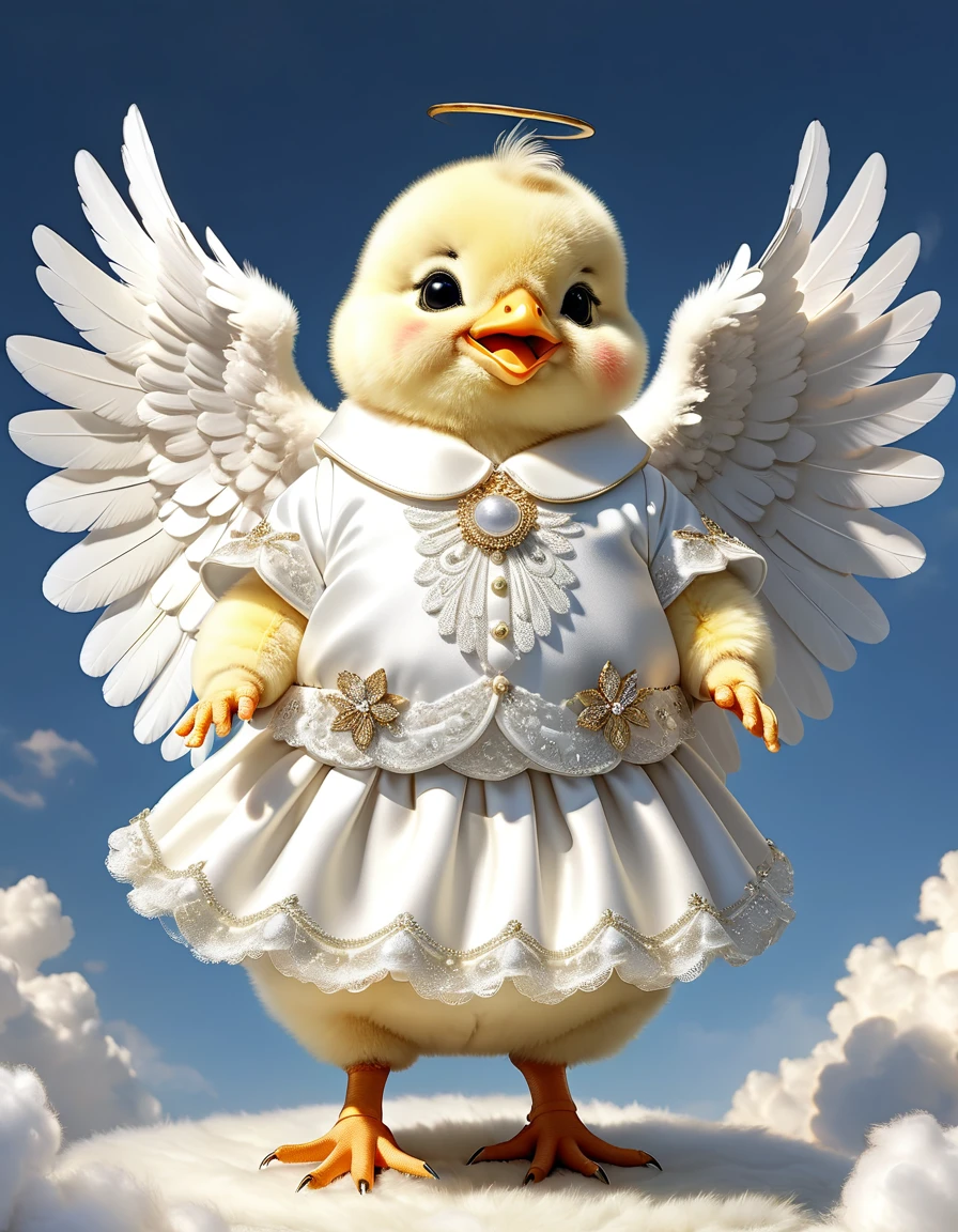 score_9, score_8_up, score_7_up, score_6_up, score_5_up, score_4_up, photorealistic portrait of Dressed animals-a ((fat)) (( chick)) angel,(furry), (elegant pose:1.5), (hands on hips:1.5),(smile:1.5),high quality,(angel wings),(lovely) ,intricate details, Wearing angel clothes , (angel's ring above head), highly detailed ((angel wings)) ,highly detailed decorations of clothes, angel boots , (happy), soft lighting,(full body image:2.0),holy temple background,(clouds),