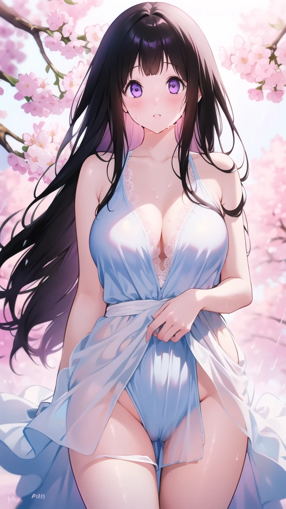 Amazing Chitanda, There is only one beautiful girl,Purple Eyes, Black Hair, Very red face,Very white skin,Glowing skin,Skin as delicate as porcelain,Naturally straight hair, Straight bangs,Extremely refined,Open lips,Long flowing hair,Beautiful Girl, Like a dream,Slim,Slim waist,Soft, (Sensual), (Kawaii), Dream quality,Beautiful big breasts,Sheer loose dress,Areola,Completely naked,Lower edge of breast,White gloves,Flower decoration,Deep V neckline,Loose neckline,White lace-up,Wide neckline,In school,The wind blows the hair,Place your hands on your inner thighs,Thighs clamp hands,Wet skin,Sweaty and sweaty,Sweating all over,it is raining,Next to the cherry blossom trees,Back to,Lean over,Hips,Side body,Gluteal groove,Completely naked的臀部,Bare back,Completely naked的背部,Light transmission,(no pants),nopan,pussy juice,Bare shoulders,There are no shoulder straps,Bare neck,Exposed collarbone,Exposing breasts,Exposing breasts侧面,Exposing breasts下面,Show your waist,Show your buttocks,Show your thighs,Exposing the groin,(No pants),extremely shy,Ultra-high resolution, (masterpiece:1.2, best quality), (Delicate and beautiful eyes: 1.2), (Beautiful and delicate face)