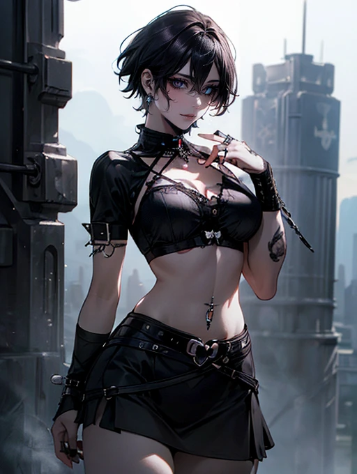 (masterpiece:1.2, highest quality), (realistic, photorealistic:1.4), beautiful illustrations, (natural side lighting, movie lighting),
looking at the viewer, Upper body, (Front view), 1 girl, perfect face, Cute symmetrical face, shiny skin, baby face, long eyelash, (large breasts), (wide hips:1.5),short cut hair,
beautiful hair, beautiful face, detailed and beautiful eyes, beautiful body, beautiful breasts, beautiful thighs, beautiful feet, beautiful fingers,
(beautiful scenery),(cute smile:1.3, upper eye), 18yo,pale skin,a woman in black corset and goth hair, with piercings, 1girl, solo, black hair, short hair, ring,(pierce:1.5),(punk style:1.5),(gothic dress),(black lips:1.7),side layered skirt,black bra,(gulp down blood from one's mouth:1.2)