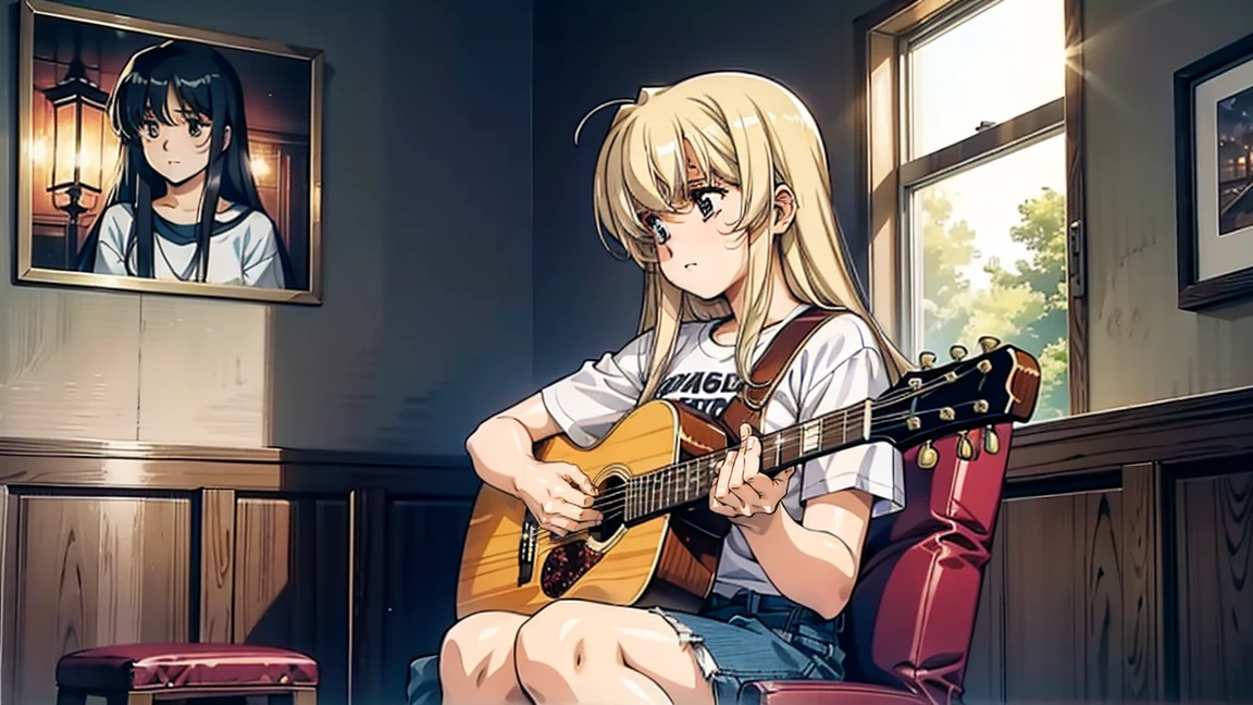 A young girl playing a guitar. She has long hair and is wearing a casual outfit. The scene is set in a cozy room with warm lighting, a few musical posters on the walls, and a comfortable chair. The girl is focused and immersed in her music, sitting on a small stool with the guitar in her hands. The atmosphere is peaceful and inviting.