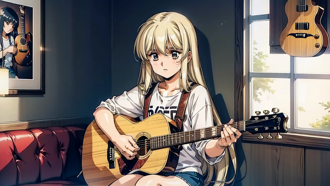 A young girl playing a guitar. She has long hair and is wearing a casual outfit. The scene is set in a cozy room with warm lighting, a few musical posters on the walls, and a comfortable chair. The girl is focused and immersed in her music, sitting on a small stool with the guitar in her hands. The atmosphere is peaceful and inviting.