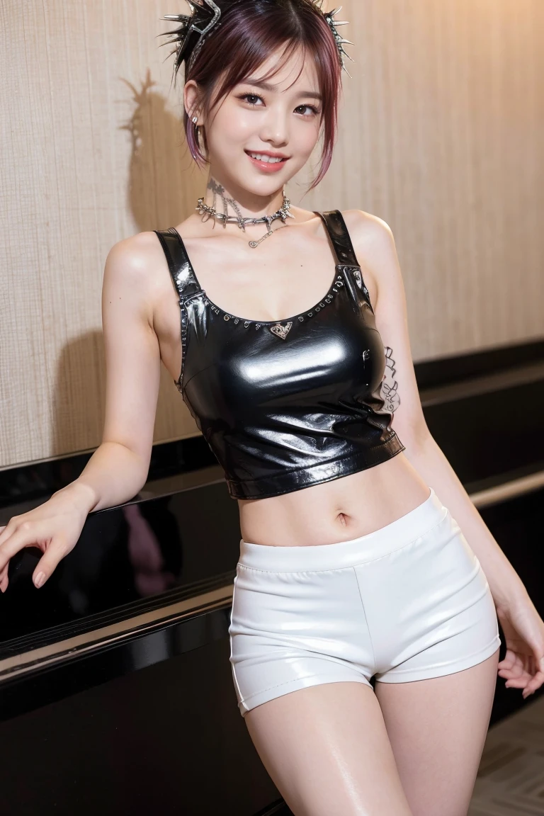 (8K), (highest quality: 1.2), (Realistic), (Realistic: 1.37), Ultra-high resolution, 1 girl, cute, (Embarrassed smile:1.2), (Blushing:1.4),Mouth closed, Beautiful details, Beautiful Nose, white gold long hair, giant dulcefo, Thighs,Navel exposed,White tank top,Black leather hot pants,Black long boots,Dancing,(Shiny Thighs:1.2),Beautiful white skin,(punk fashion:1.5)