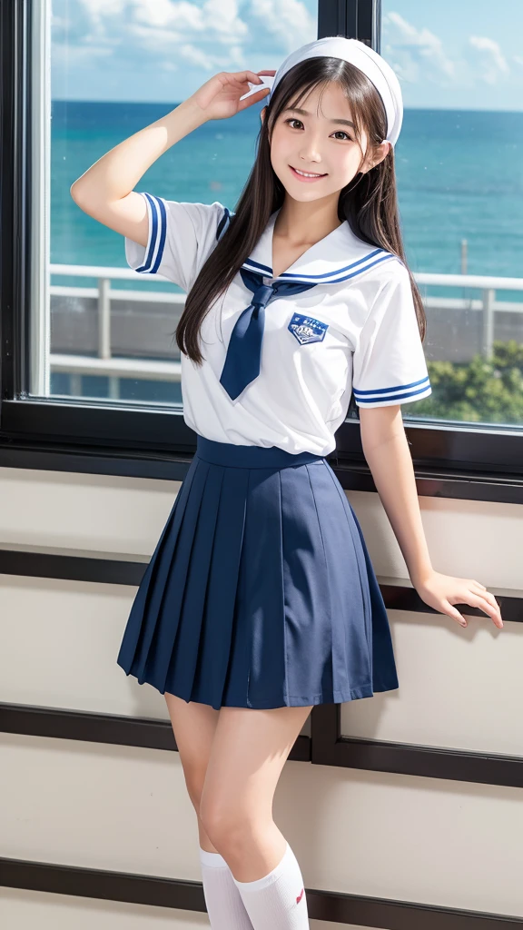 Japanese, high school girl, pure, brown eyes, smiling face, young face, long black hair, long straight black hair, white hairband, light blue and white short-sleeved sailor uniform, blue pleated skirt, black socks, blue shoes, school, inside the classroom, standing by the window, seaside park, blue sky and white cumulonimbus clouds