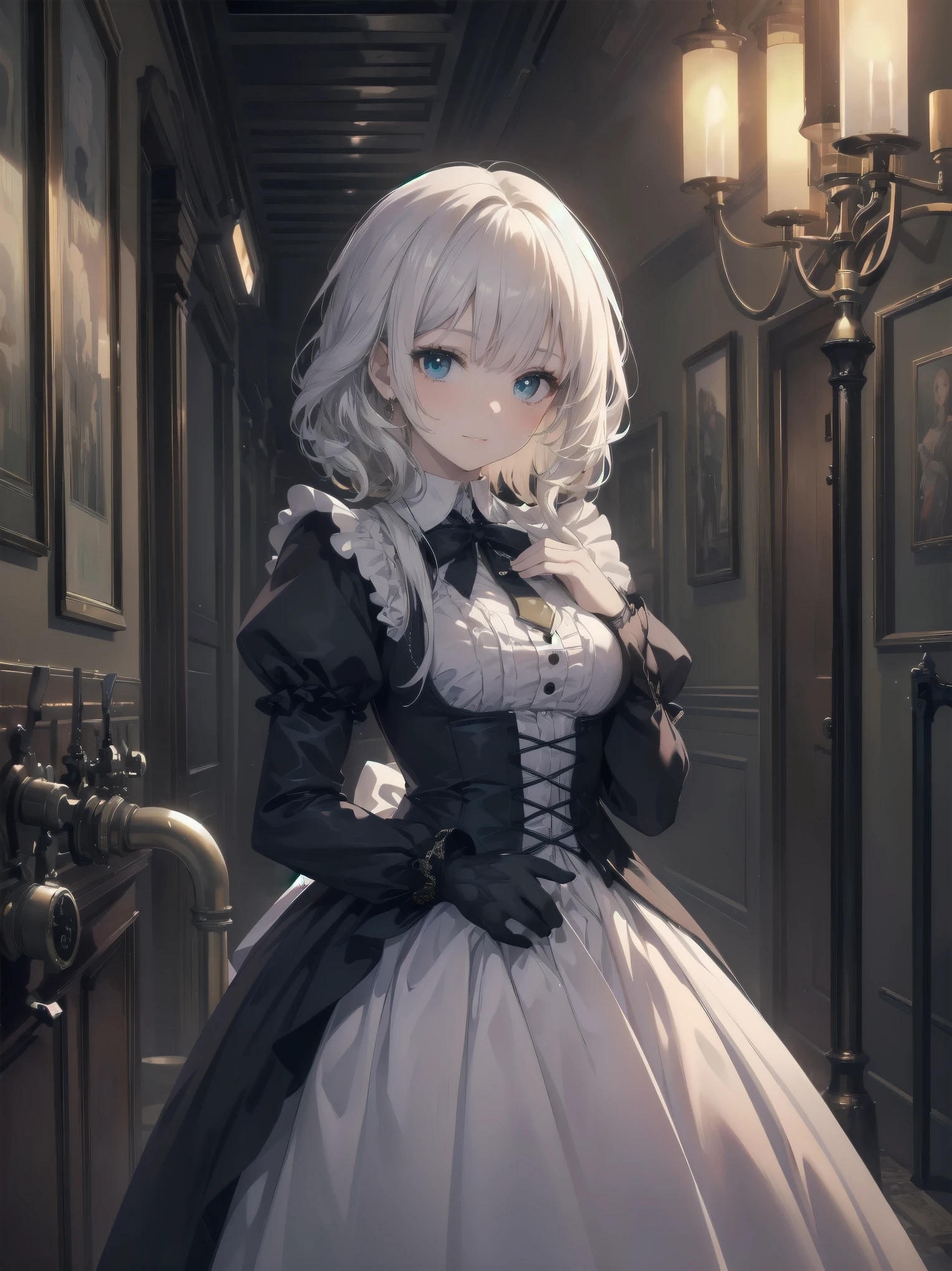 (Highest quality、16K、masterpiece、Ultra-high resolution、Victorian era、Photorealistic:1.2)、A delicate Lolita girl, , stands on a castle balcony at dusk, surrounded by the city's skyline and steampunk contraptions. Her platinum hair is messy, framing her androgynous charm. She wears a flowing white dress with a light green tie and holds a pocket watch in hand. A subtle smile plays on her lips as she gazes out at the night view, her eyes shining like sapphires. The air is filled with steam spewing from pipes, adding to the surreal atmosphere. Her skin glows with an ultra-dense texture, and her fingers are full and detailed.
