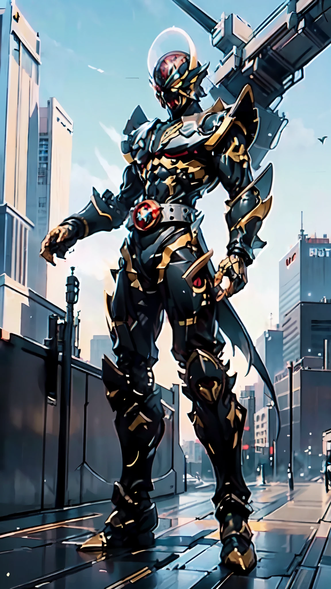 (masterpiece:1.5, best quality:1.5, extremely delicate:1.5, perspective:1.5, foreshortening:1.5, dynamic angle:1.5), a man wearing a full-face helmet, a fantasy-style biotech armored combat suit, green eyes, (a composite layered chest armor), fully enclosed shoulder guards, matching arm and leg guards, the belt is adorned with fangs biting into orbs, (the color scheme is primarily black with red accents), the design balances heavy with agility, a high-tech bio-mecha armor, (Armor Concept Inspired by Bat, stand on the top of a skyscraper in a futuristic sci-fi city), this character embodies a finely crafted fantasy-surreal style armored hero in anime style, exquisite and mature manga art style, (element, plasma, energy, the armor glows), ((male:1.5)), metallic, high definition, highres, ultra-detailed, ultra-fine painting, professional, perfect body proportions, golden ratio, anatomically correct, symmetrical face, extremely detailed eyes and face, high quality eyes, creativity, RAW photo, UHD, 32k, Natural light, cinematic lighting, masterpiece-anatomy-perfect