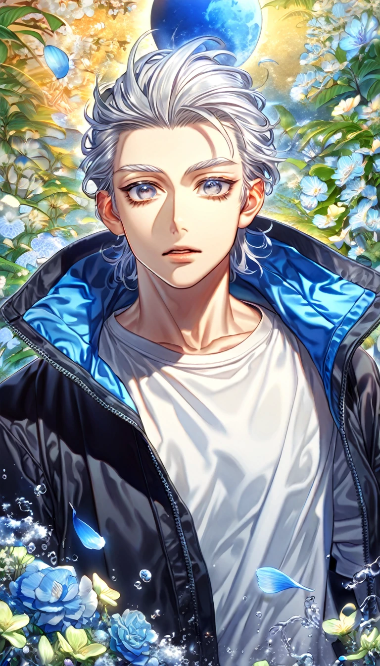 absurdres, highres, ultra detailed, HDR, master piece, Umemiya Hajime, white hair, slicked back hair, expressive grey eyes, white t-shirt, black long coat, Wind Breaker, sexy man, handsome, best quality, blue moon, flowers, fantasy, magical, solo, water, blue shining fireflies, blue petals,
