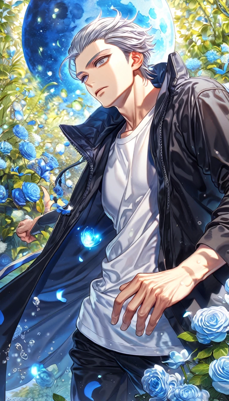 absurdres, highres, ultra detailed, HDR, master piece, Umemiya Hajime, white hair, slicked back hair, expressive grey eyes, white t-shirt, black long coat, Wind Breaker, sexy man, handsome, best quality, blue moon, flowers, fantasy, magical, solo, water, blue shining fireflies, blue petals,