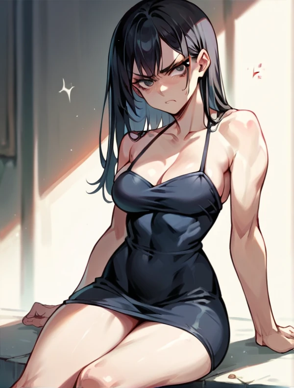 Create a cute tsundere with black hair, sexy tsundere face, pale skin, black school clothes, toned legs, legs thick sexy dress