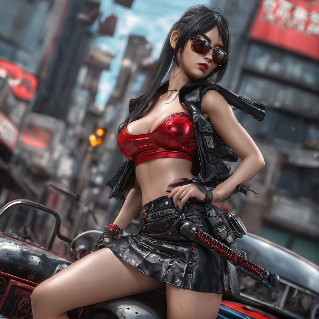 Heavy metal School Girl, post-apocalyptic city, insanely detailed real shiny skin, masterpiece body quality, red black skirt, real color, erotic and sensual, d cup, big chest, sunglasses, 8k resolution🔥, Miki Asai Macro photography, close-up, hyper detailed, trending on artstation, sharp focus, studio photo, intricate details, highly detailed, cinematic by zack snider